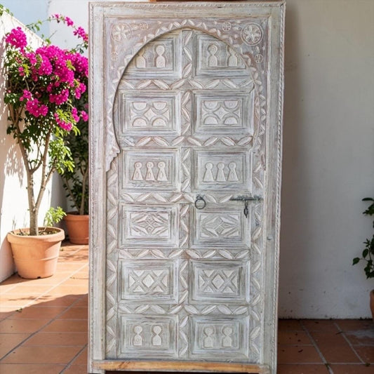 Vintage Carved Moroccan Door: Berber African Artwork, 80"x36.5"