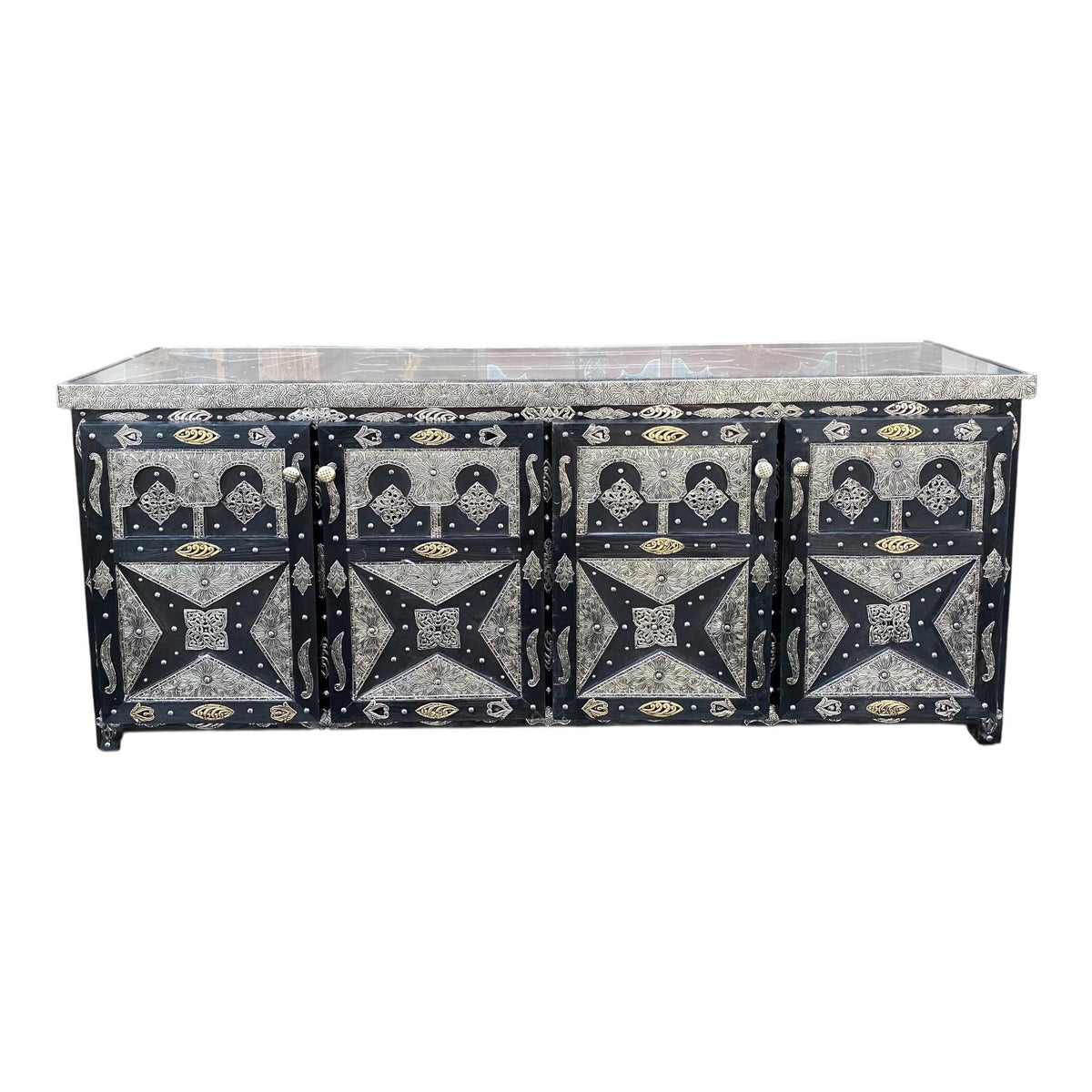 Handmade Moroccan Cabinet: Silver Metal and Wood, Buffet Furniture.
