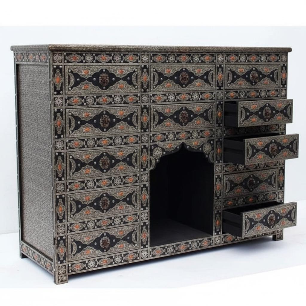 Handmade Moroccan Silver Metal 10-Drawer Cabinet: Ethnic Wood Buffet