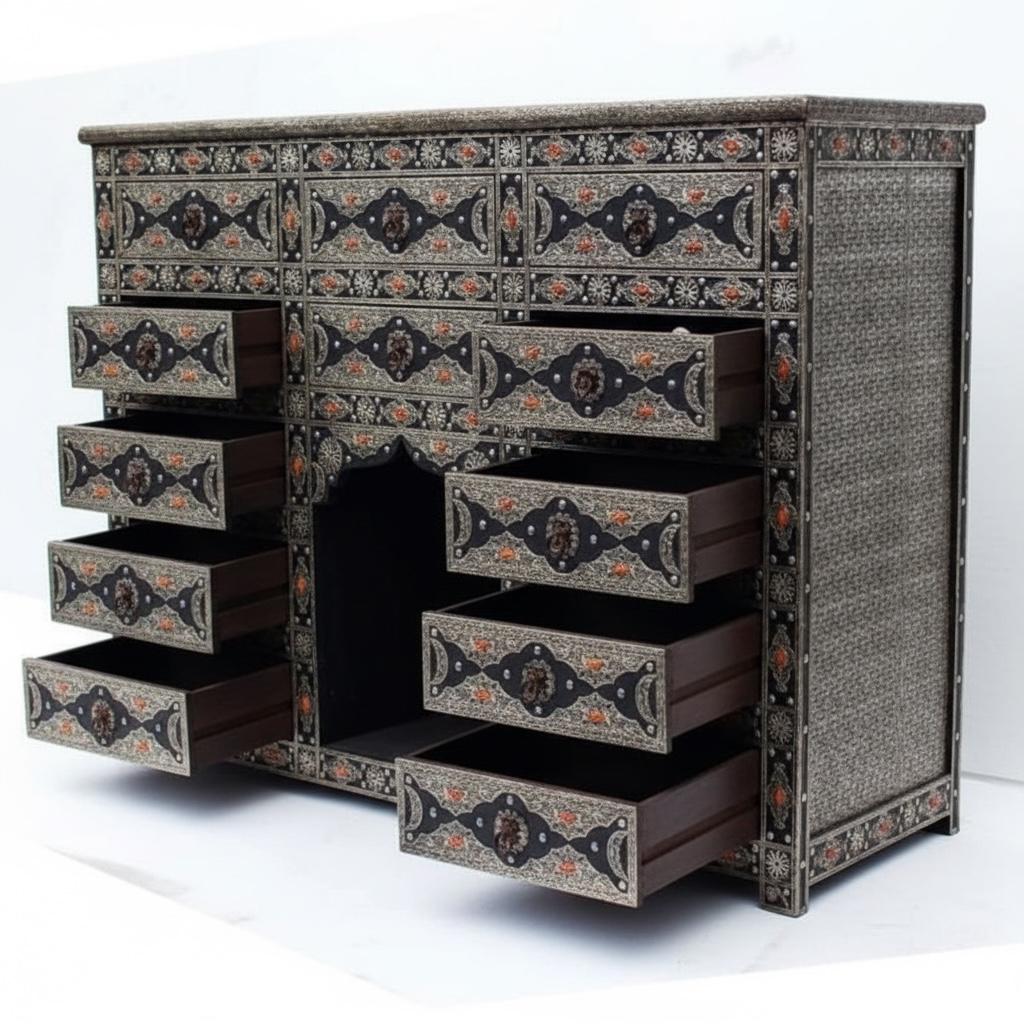 Handmade Moroccan Silver Metal 10-Drawer Cabinet: Ethnic Wood Buffet