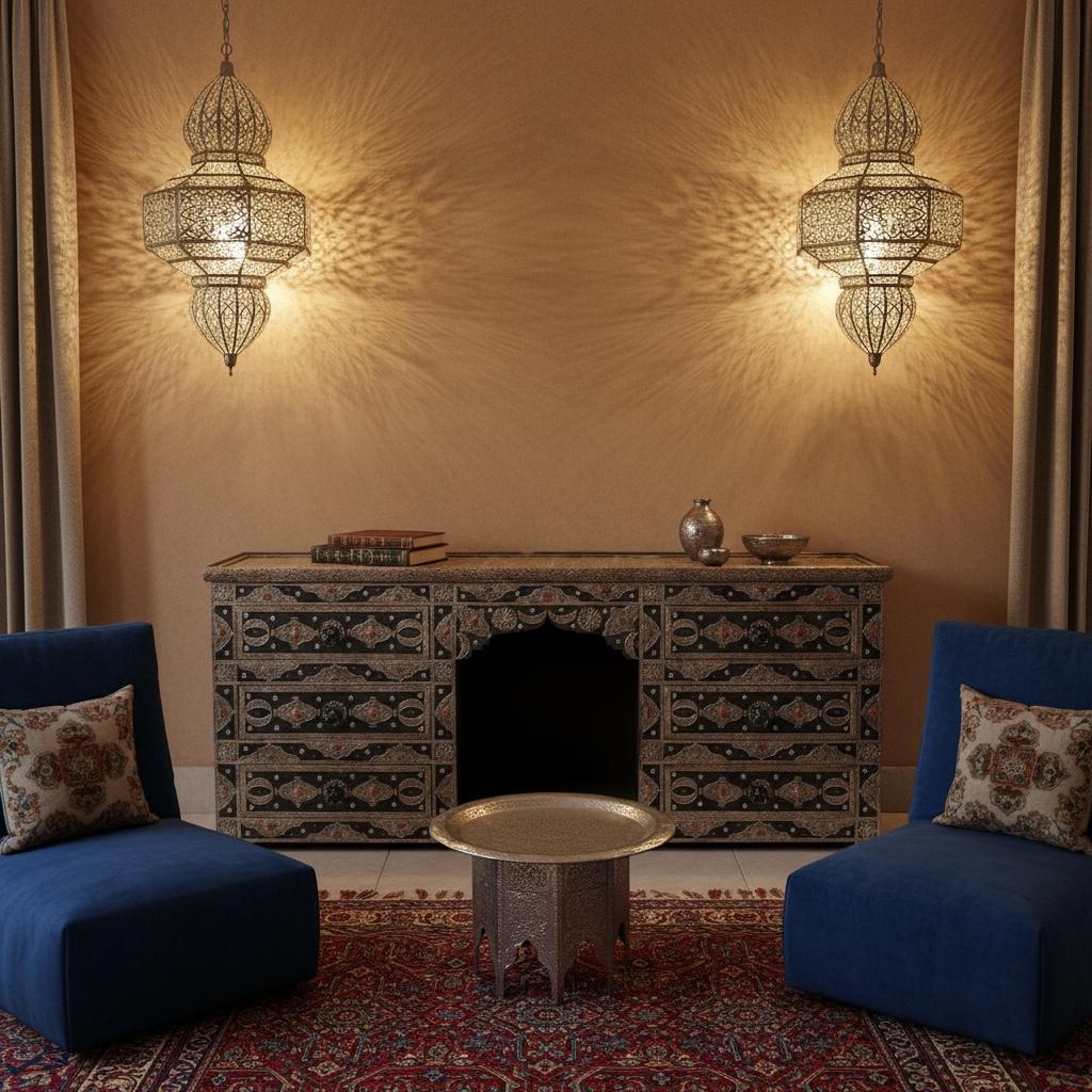 Handmade Moroccan Silver Metal Cabinet, Wood Buffet with Drawers