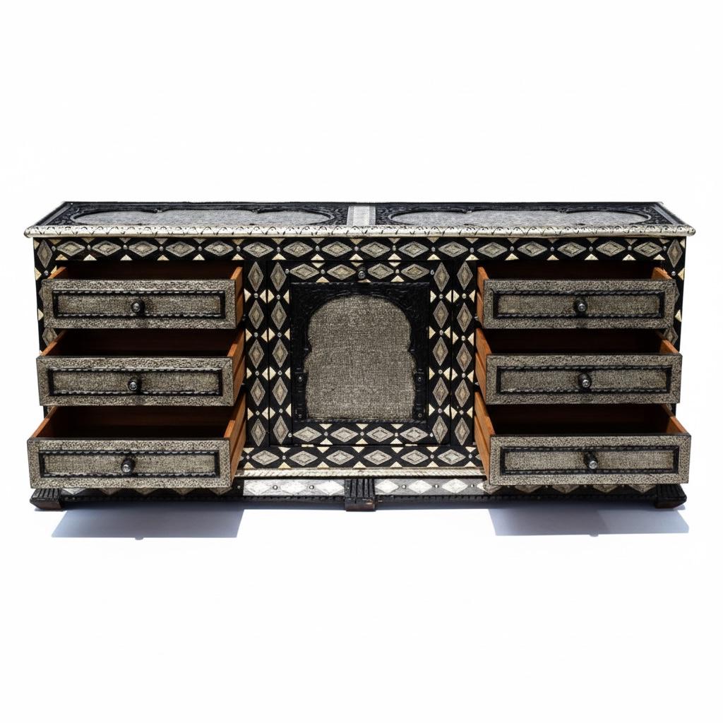 Handmade Moroccan Silver Metal Cabinet: Bone Inlay Buffet Furniture