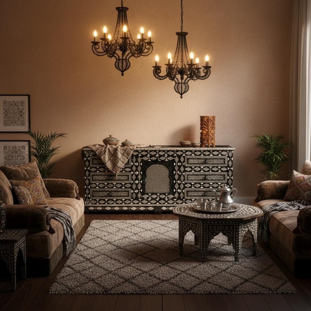 Handmade Moroccan Silver Metal Cabinet: Bone Inlay Buffet Furniture