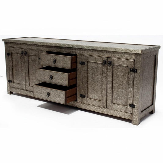 Handmade Silver Metal Cabinet: Moroccan Dresser, Door Panels (72" Long)