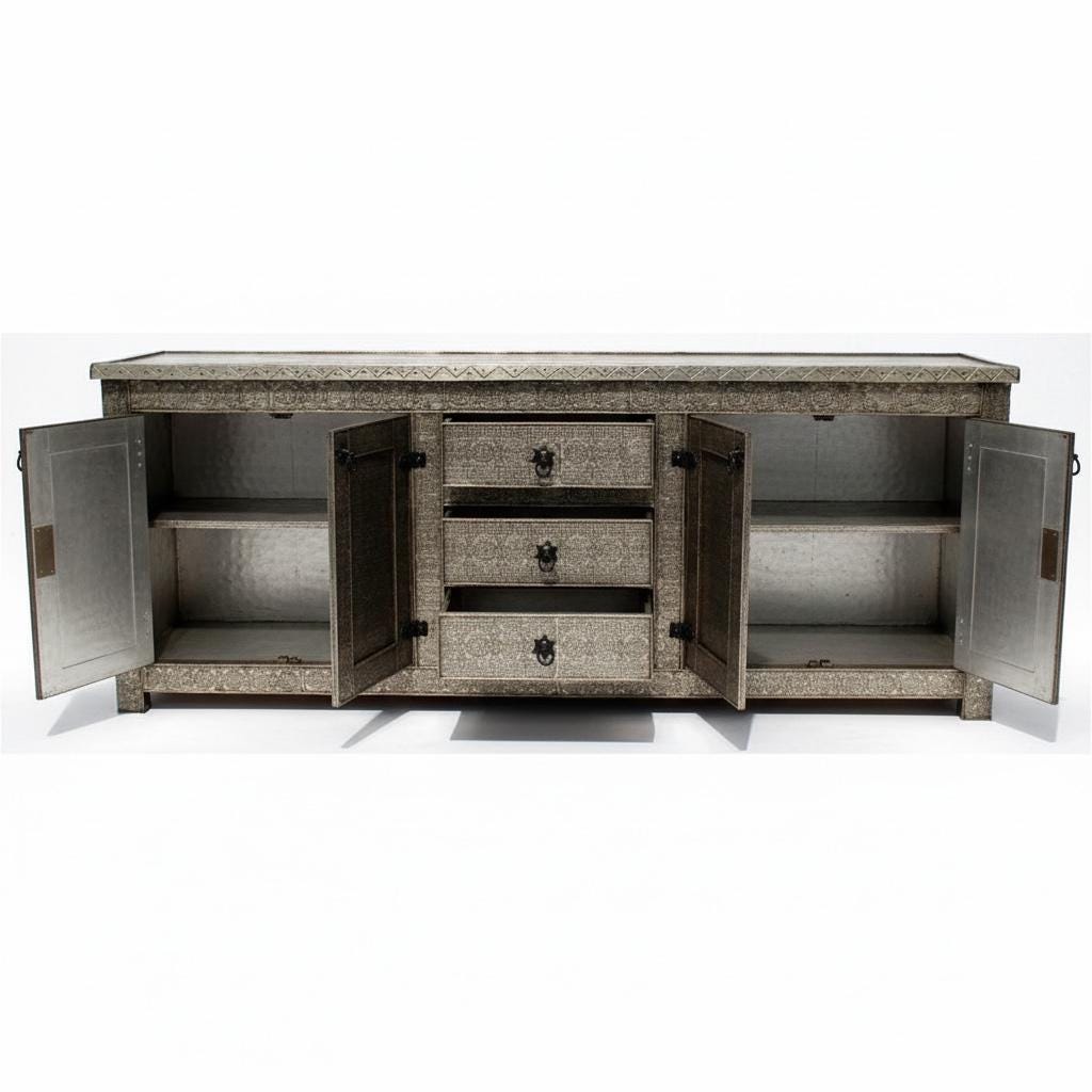 Handmade Silver Metal Cabinet: Moroccan Dresser, Door Panels (72" Long)
