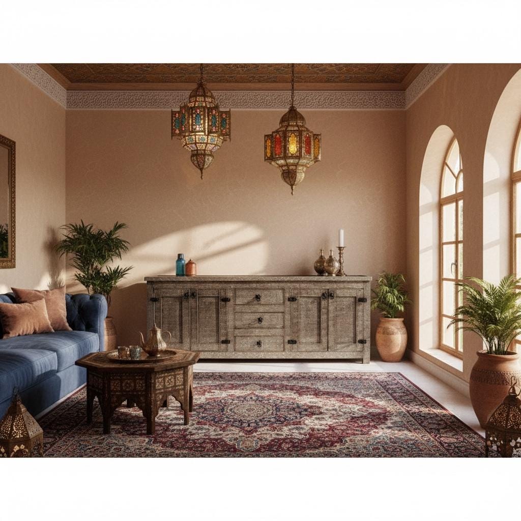 Handmade Silver Metal Cabinet: Moroccan Dresser, Door Panels (72" Long)