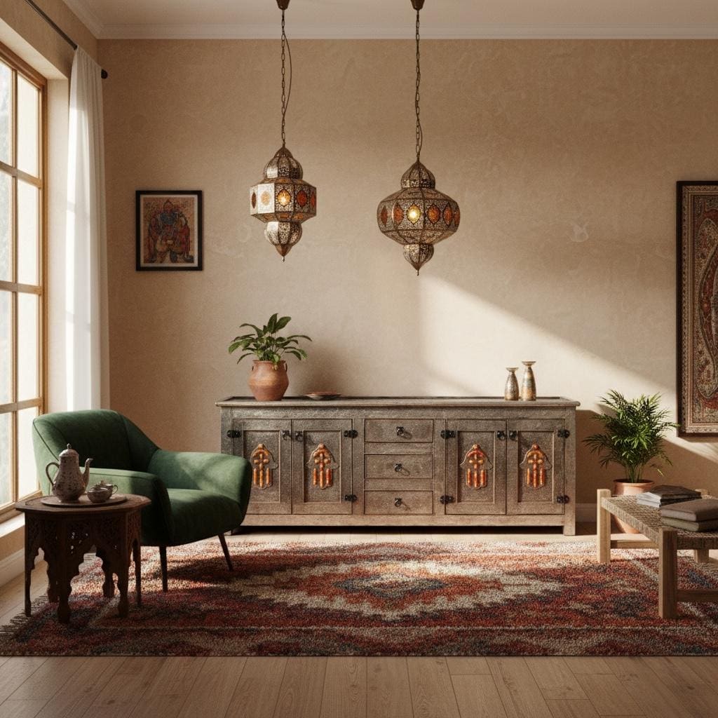 Hamsa Hand TV Cabinet, Moroccan Silver Metal Buffet, Handmade Furniture