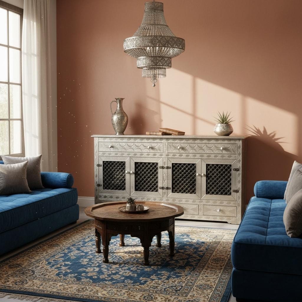 Handmade Moroccan Silver Metal Cabinet: Mousharabia Door, Wood Frame