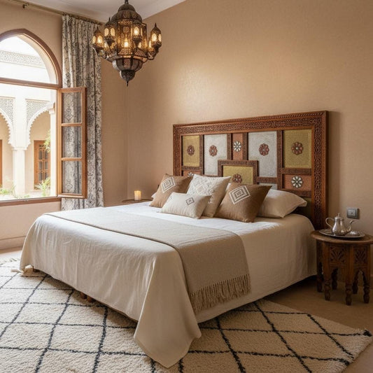 Vintage bone inlay Touareg Bed - unique Headboard, Moroccan Decor