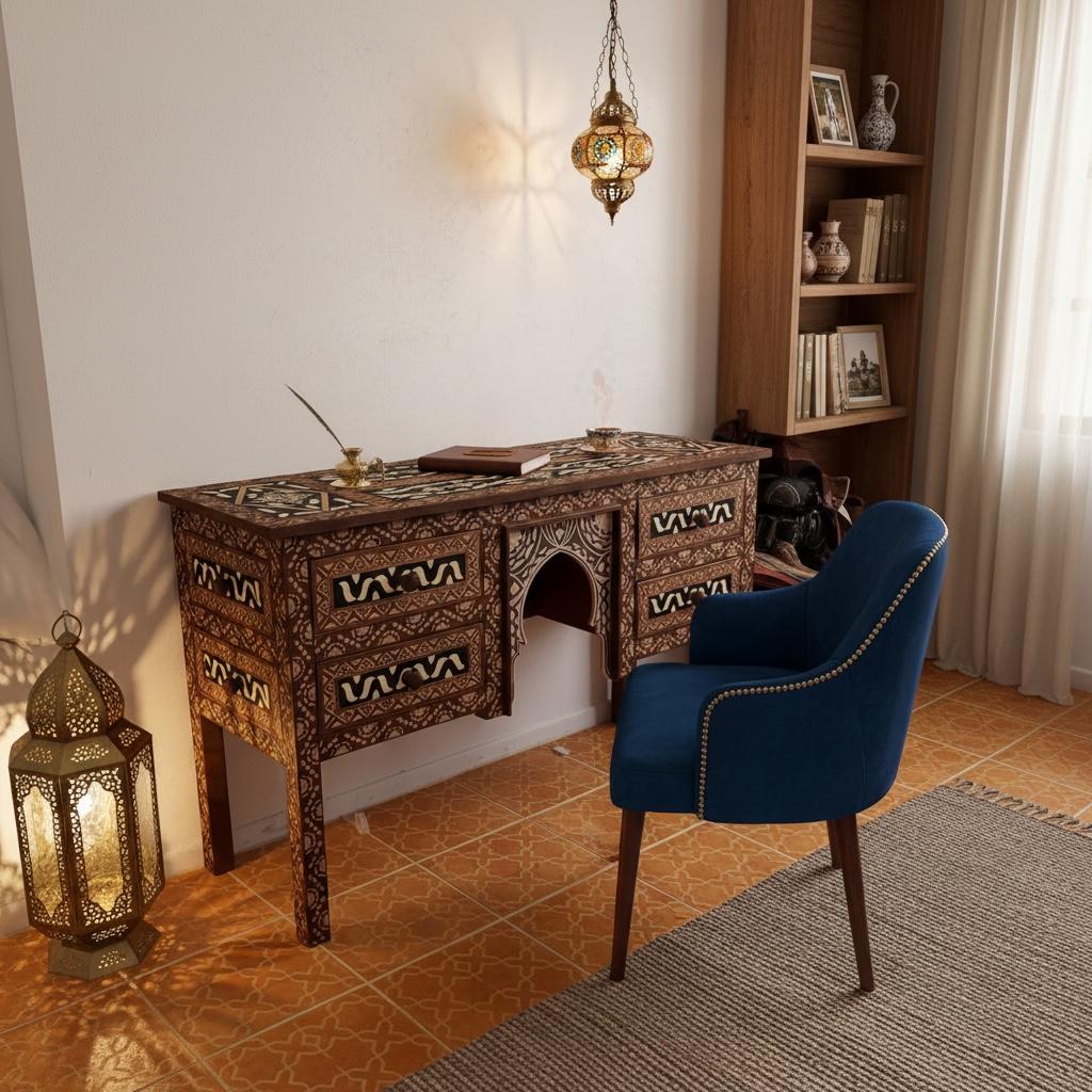 Handmade Carved Wood Desk, Moroccan Moorish Dresser with Bone Resin