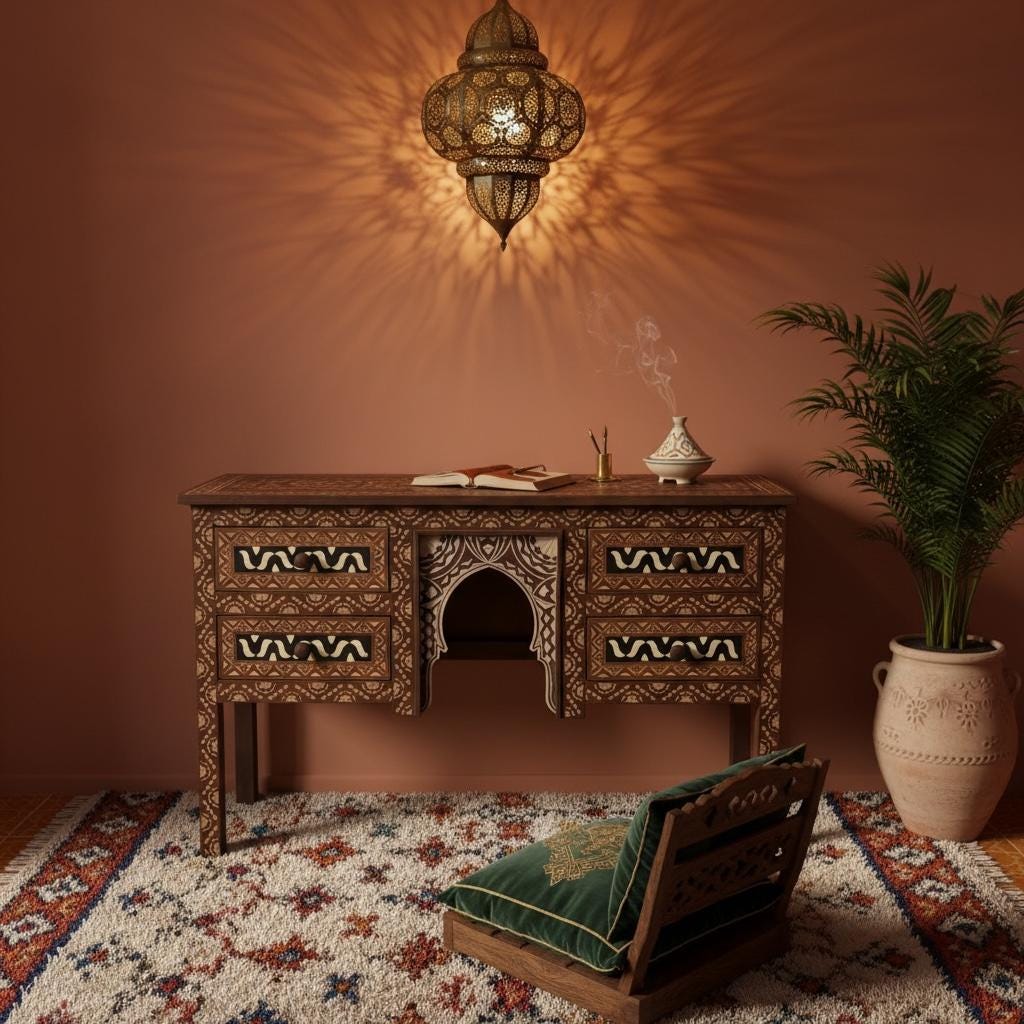 Handmade Carved Wood Desk, Moroccan Moorish Dresser with Bone Resin