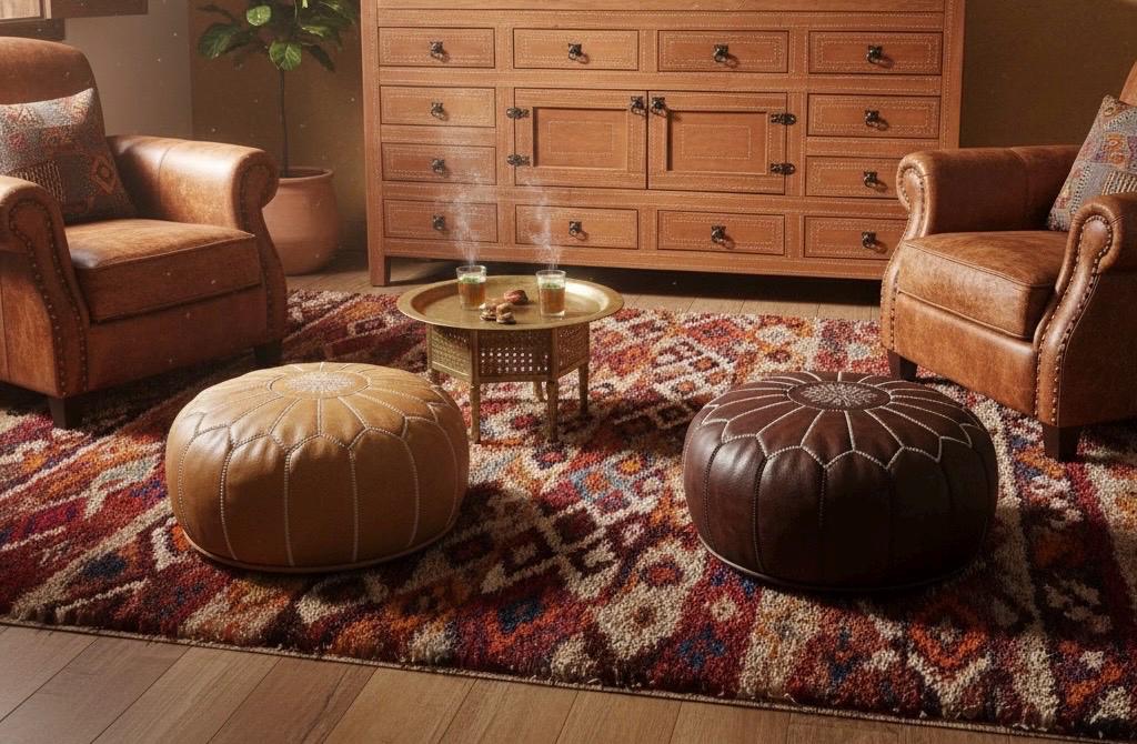 Eclectic handmade stitched moroccan leather cabinet with drawers: unique furniture decor