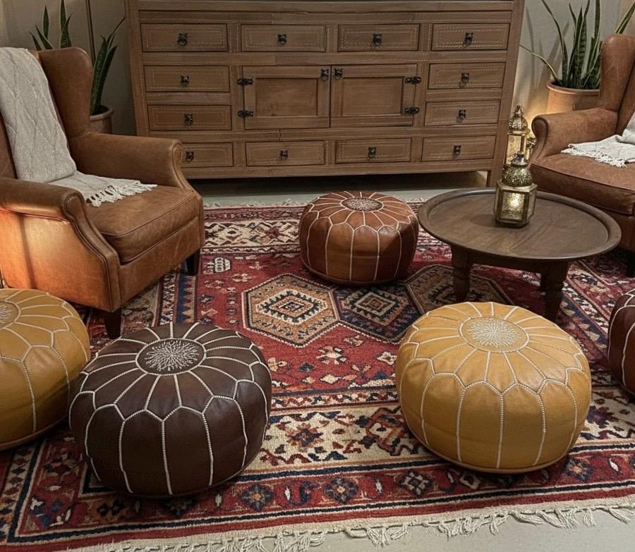 Eclectic handmade stitched moroccan leather cabinet with drawers: unique furniture decor