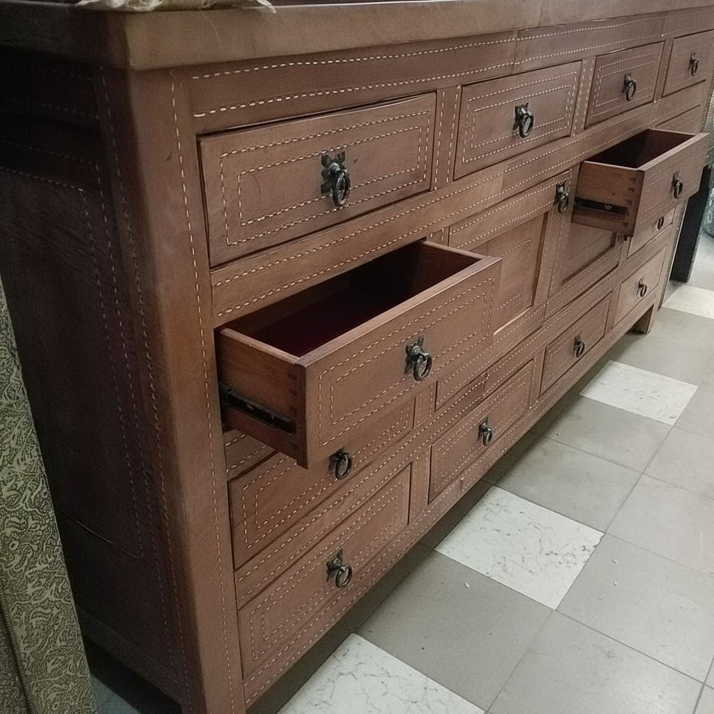 Eclectic handmade stitched moroccan leather cabinet with drawers: unique furniture decor
