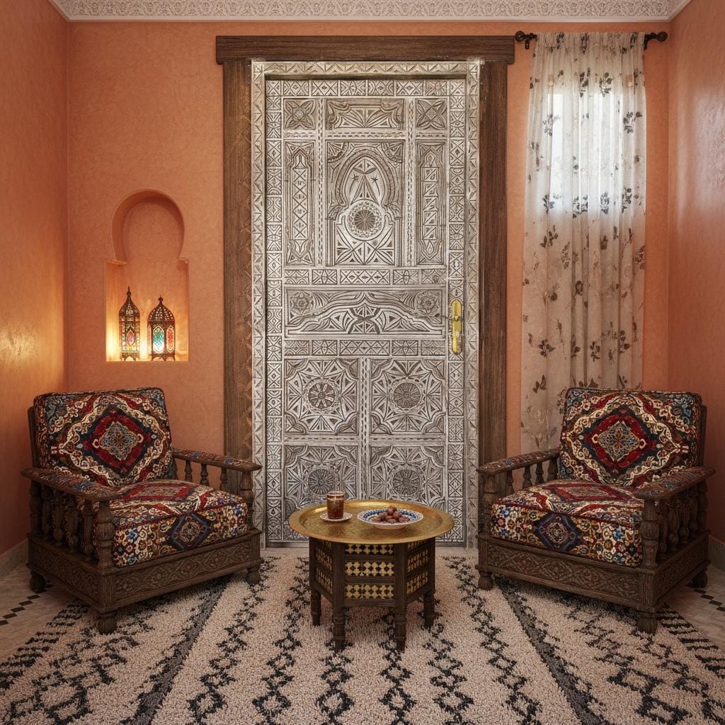 Carved bedroom Door Moroccan riad style: Brass Hardware
