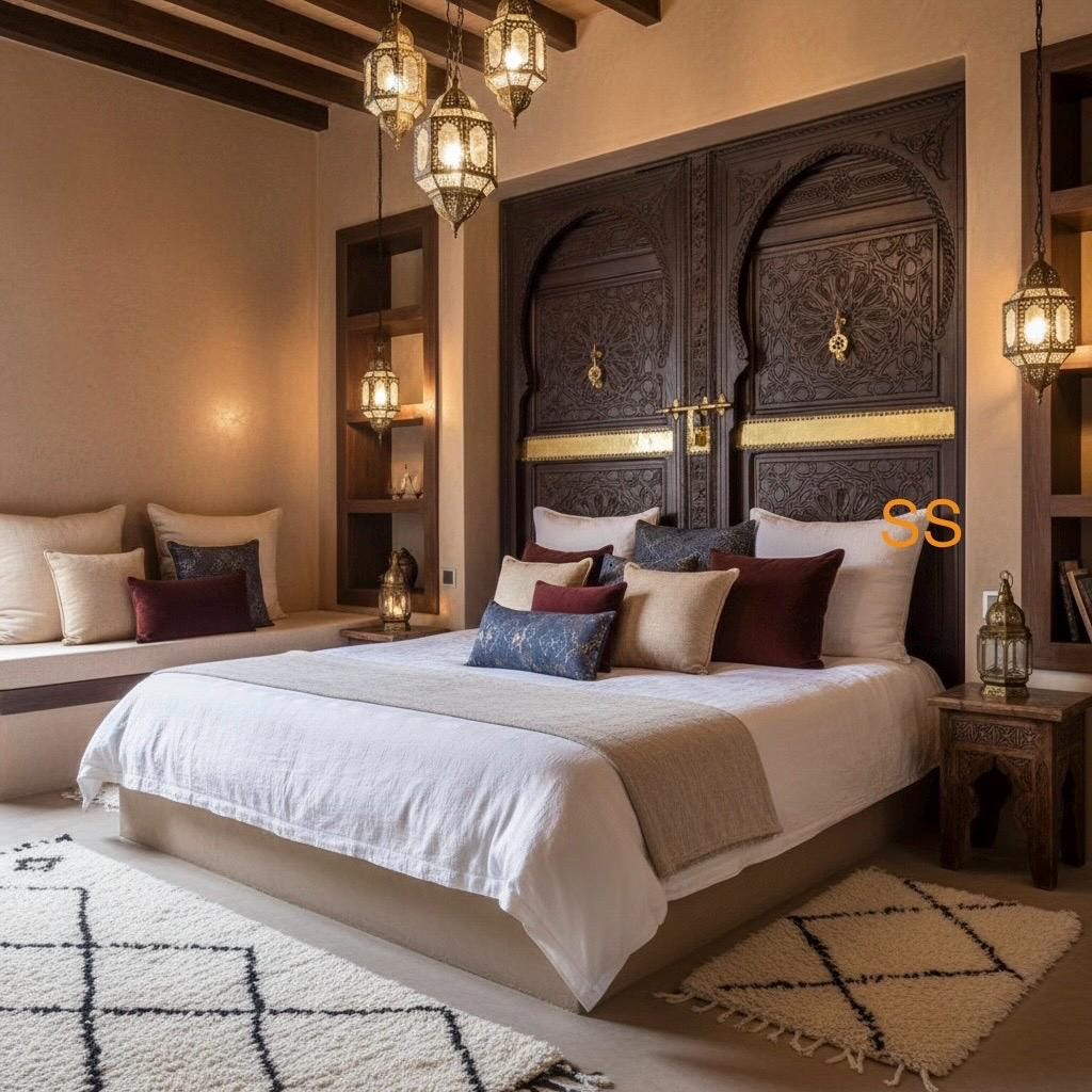 Handmade King Headboard Bed: Moroccan Carved Cedar Doors, Brass Knockers
