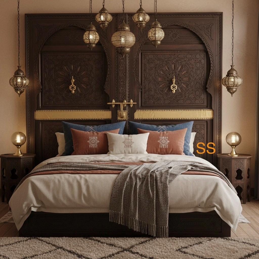 Handmade King Headboard Bed: Moroccan Carved Cedar Doors, Brass Knockers