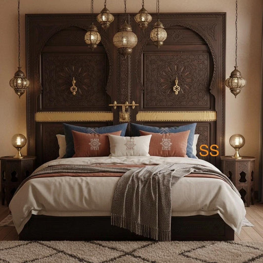Handmade King Headboard Bed: Moroccan Carved Cedar Doors, Brass Knockers