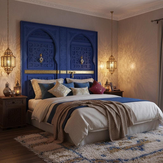 Handmade Moroccan Blue Headboard Bed, Carved Cedar Doors & Brass