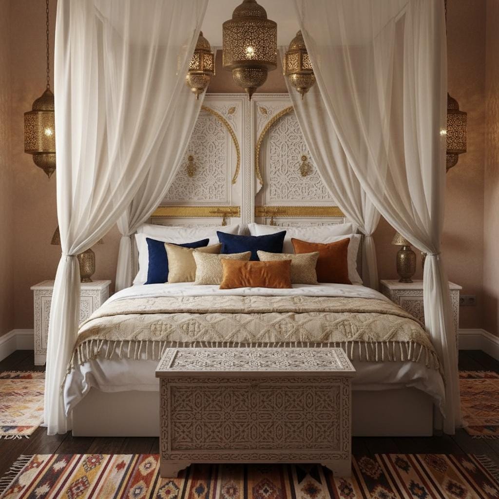 Handmade Moroccan Carved King Bed Headboard: Vintage Geometric Cedar, Brass door knockers
