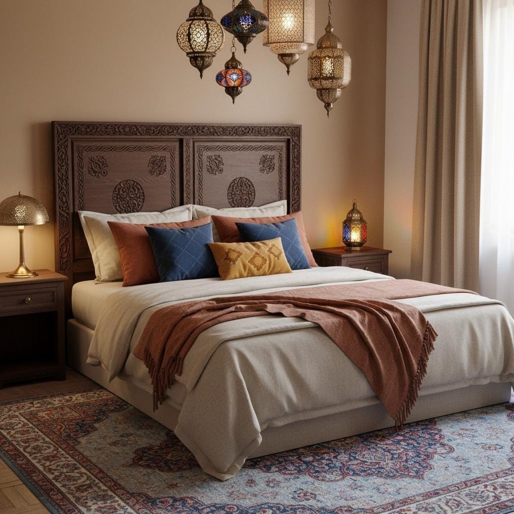 Handmade Carved Cedar Headboard - Vintage Moroccan Moorish Bed (67x51)