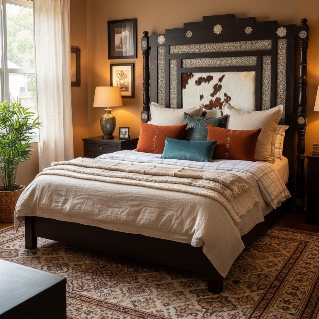 Handmade Moroccan Cowhide Headboard Bed: Rustic Berber Decor (82”x88”)