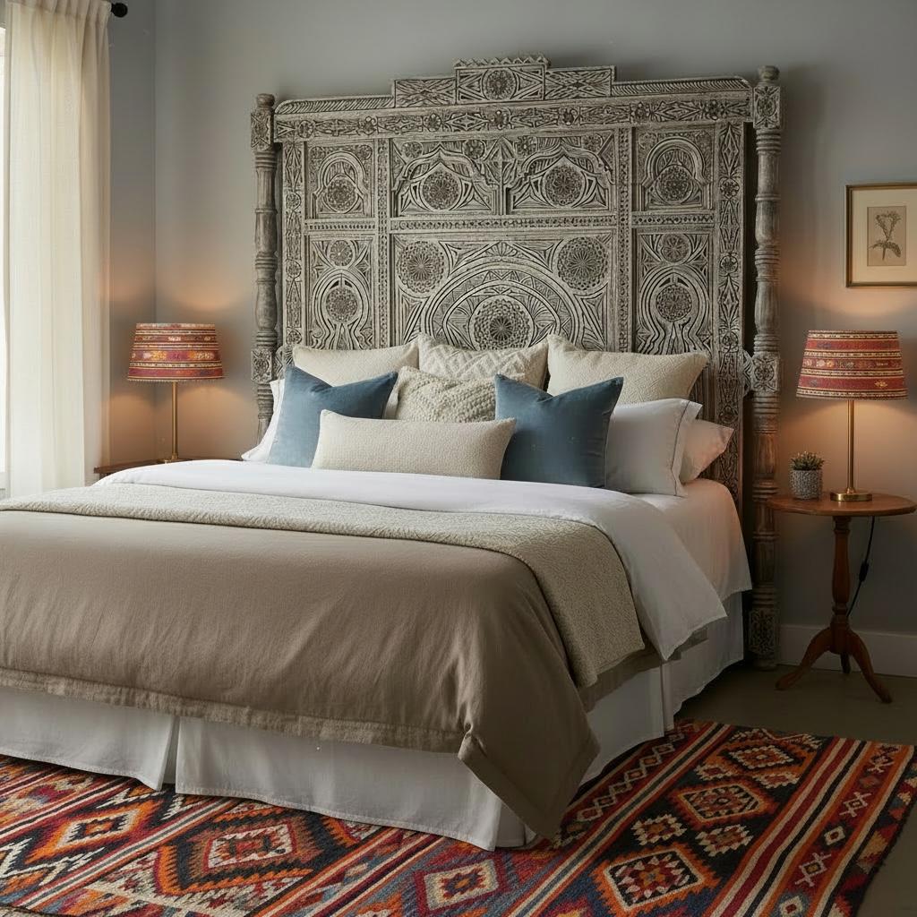 Moroccan carved Marrakech Riad headboard bed by Justmorocco featuring intricate woodwork and traditional Moroccan design details.
