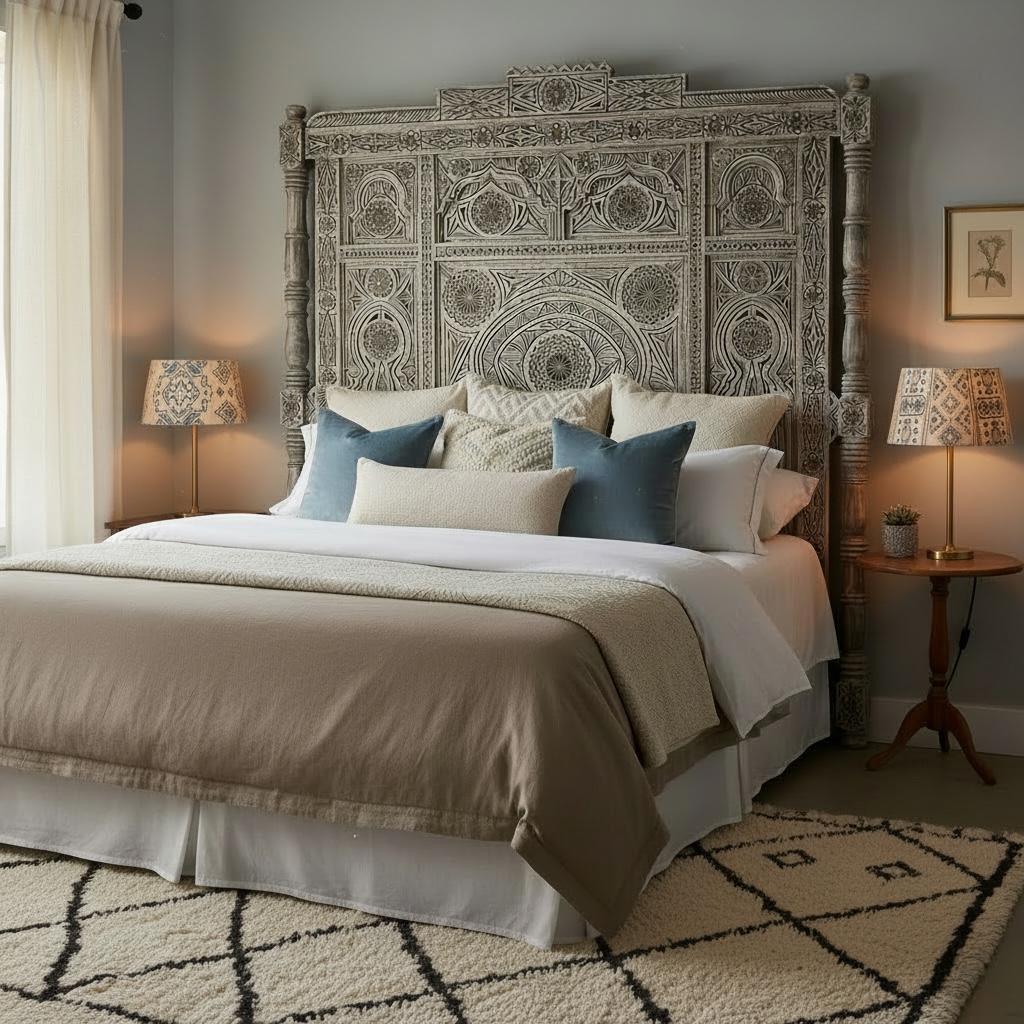 Moroccan carved Marrakech Riad headboard by Justmorocco featuring intricate traditional woodwork and detailed craftsmanship.