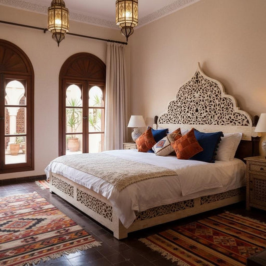 Vintage Camel Bone Inlay King Bed with Nightstands, Moroccan Bedroom Decor