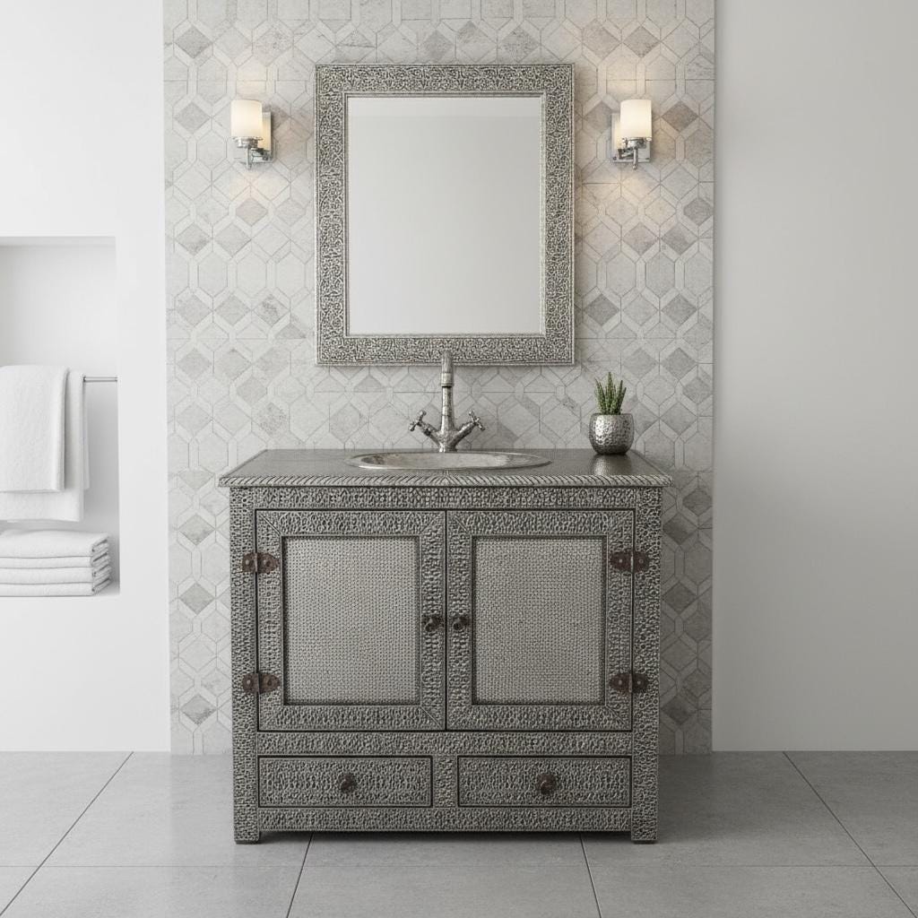 Nickel vanity sink cabinet: Moroccan bathroom decor
