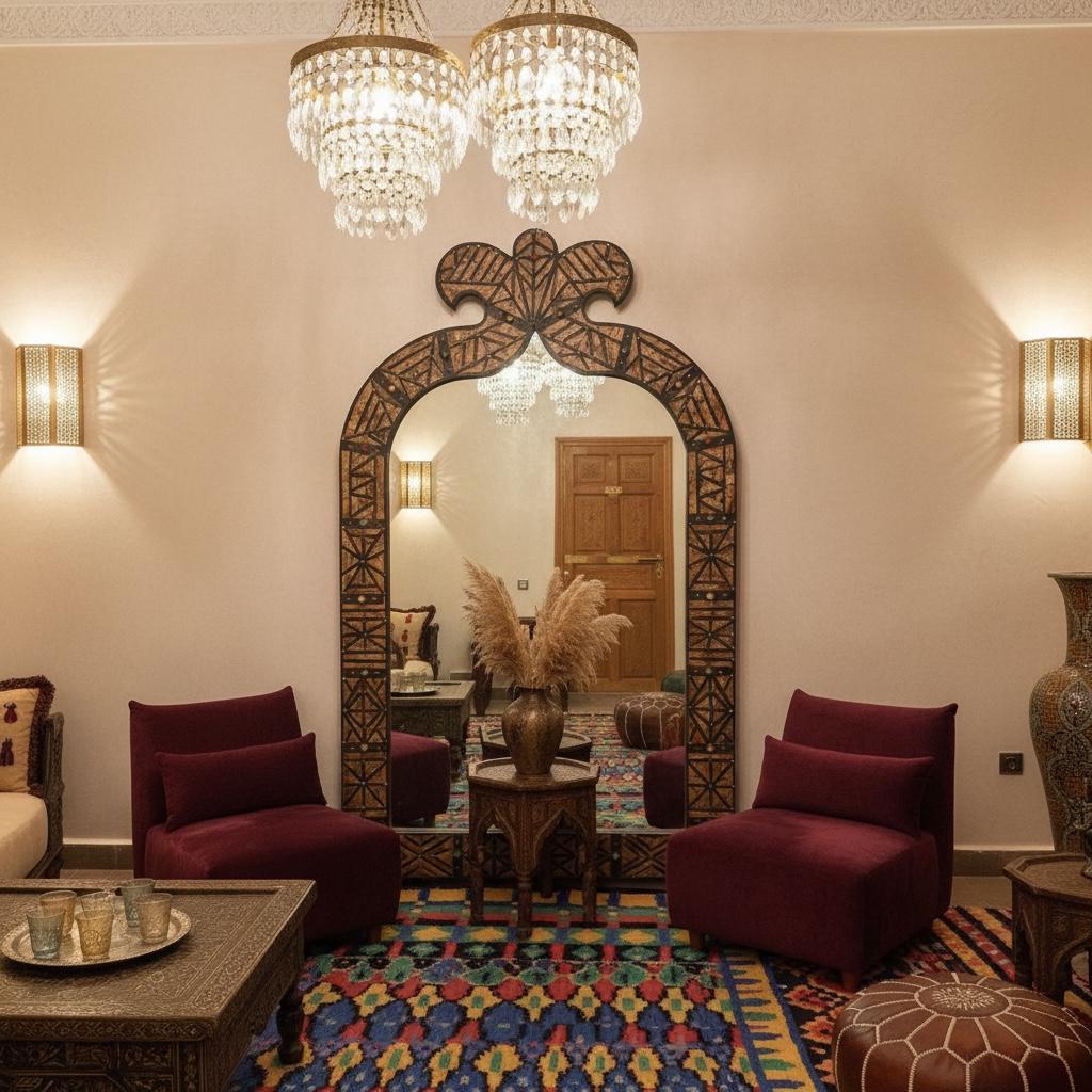 Handmade Moroccan Mirror: Orange Camel Bone Inlay, Berber Design