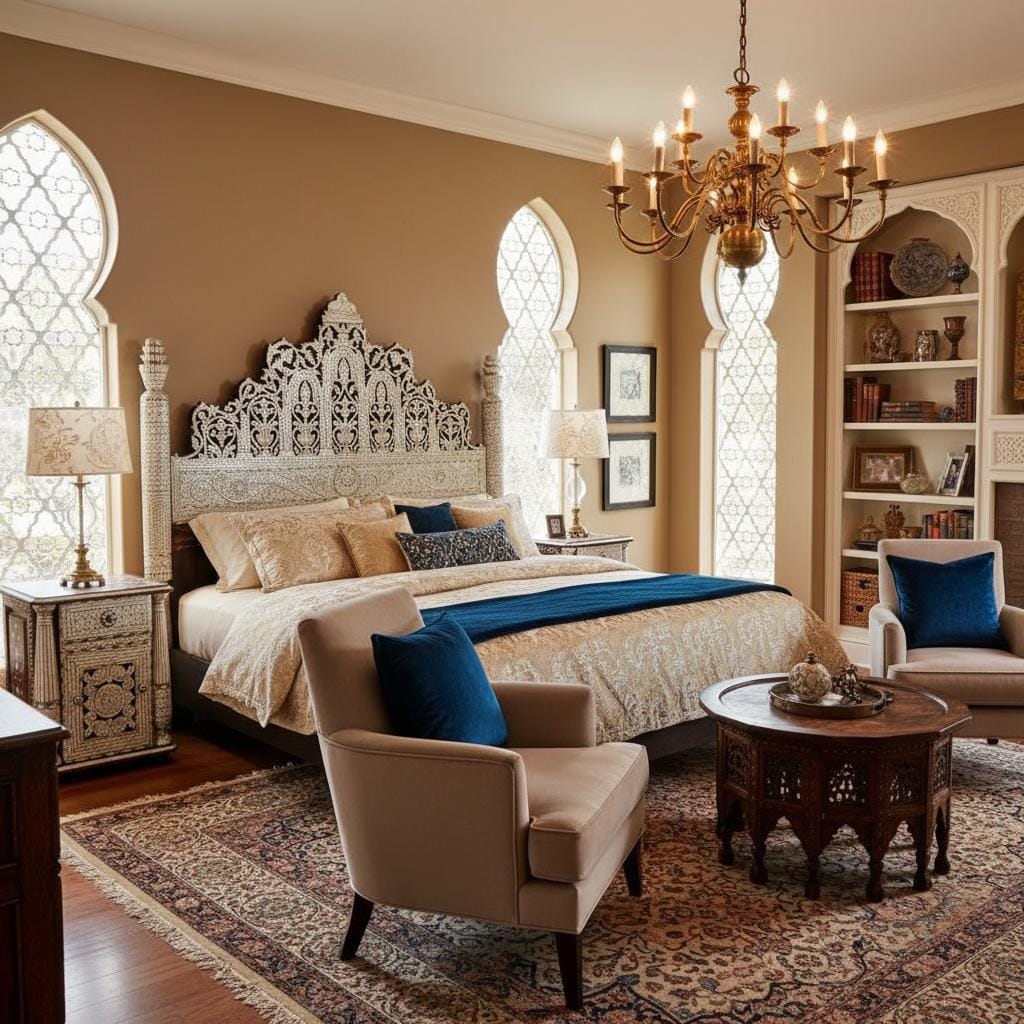 Syrian Mother of Pearl Inlay Bed with Nightstands, Middle Eastern Royal Bedroom Set