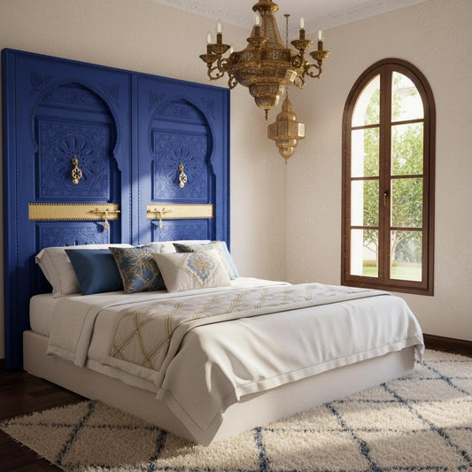 Handmade Moroccan Blue Headboard Bed, Carved  Doors & Brass door knockers