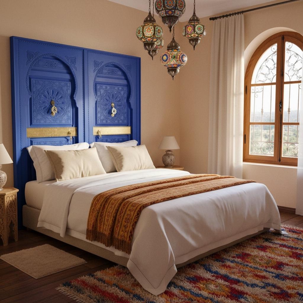 Handmade Moroccan Blue Headboard Bed, Carved  Doors & Brass door knockers