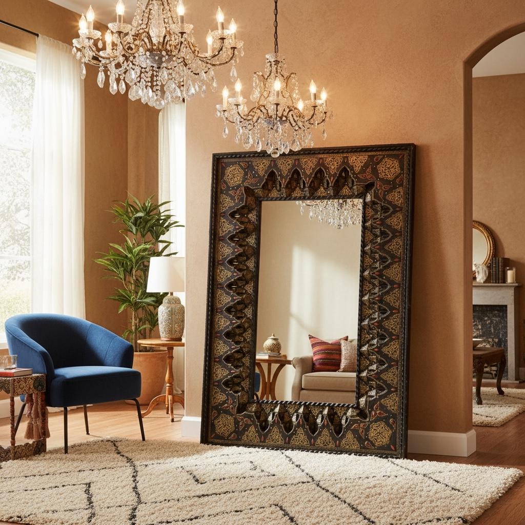 Large Exquisite Moroccan Mirror: Camel Bone, Silver, Handmade