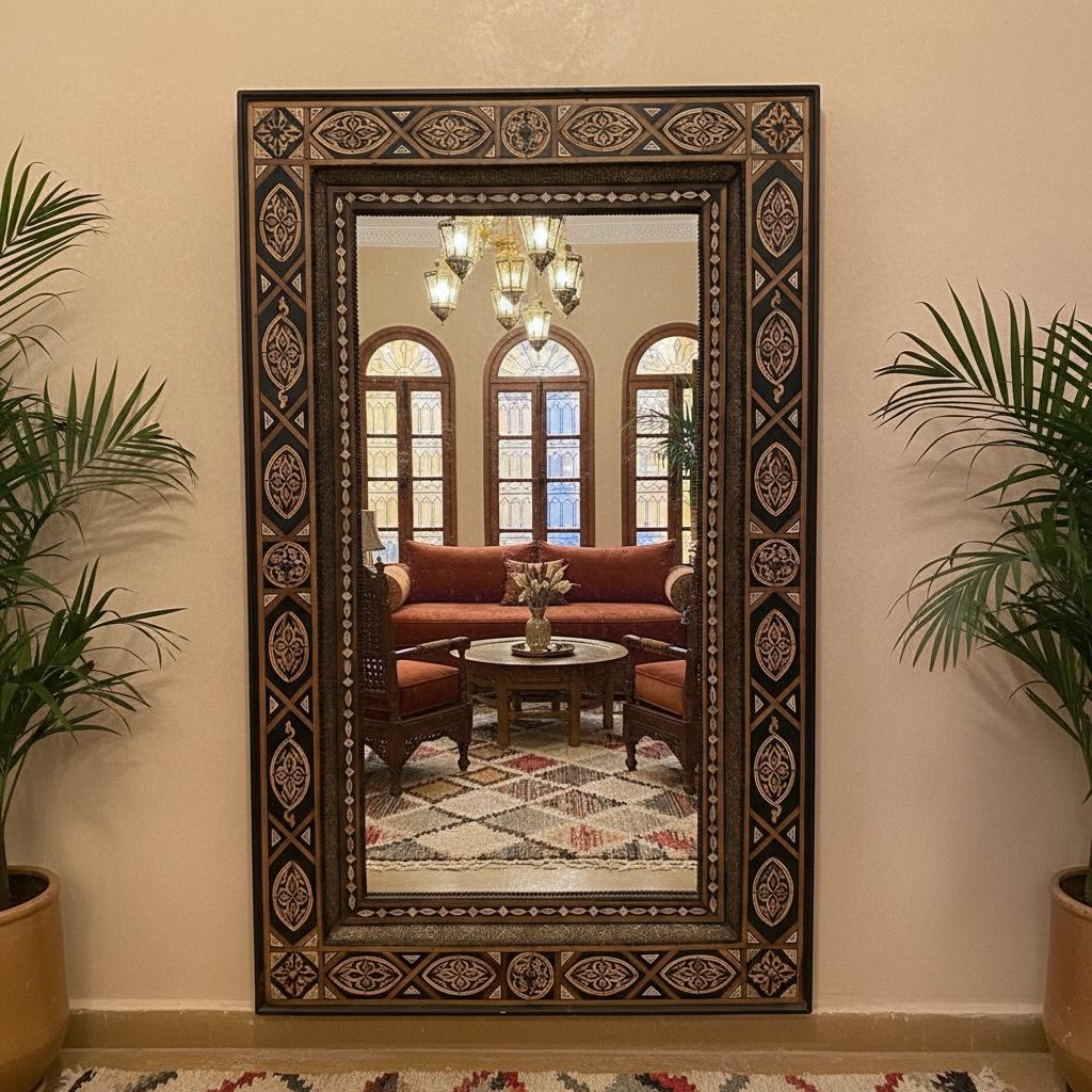 Large Exquisite Moroccan Mirror: Camel Bone, Silver, Handmade