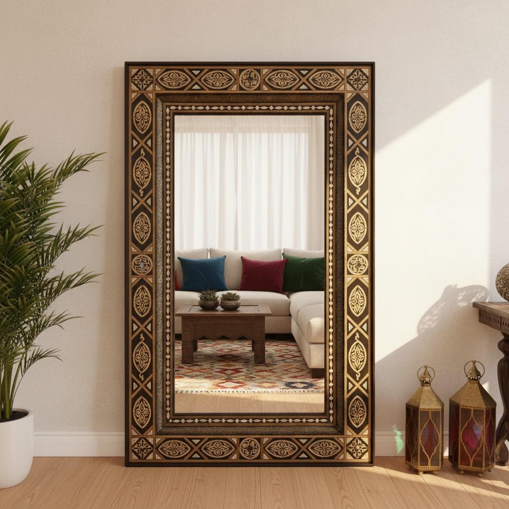 Large Exquisite Moroccan Mirror: Camel Bone, Silver, Handmade