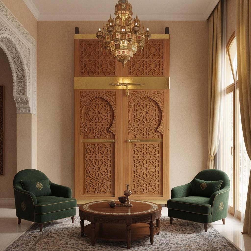 Handmade Moroccan Carved Cedar Double Door, Moorish Artwork (116x64.5)