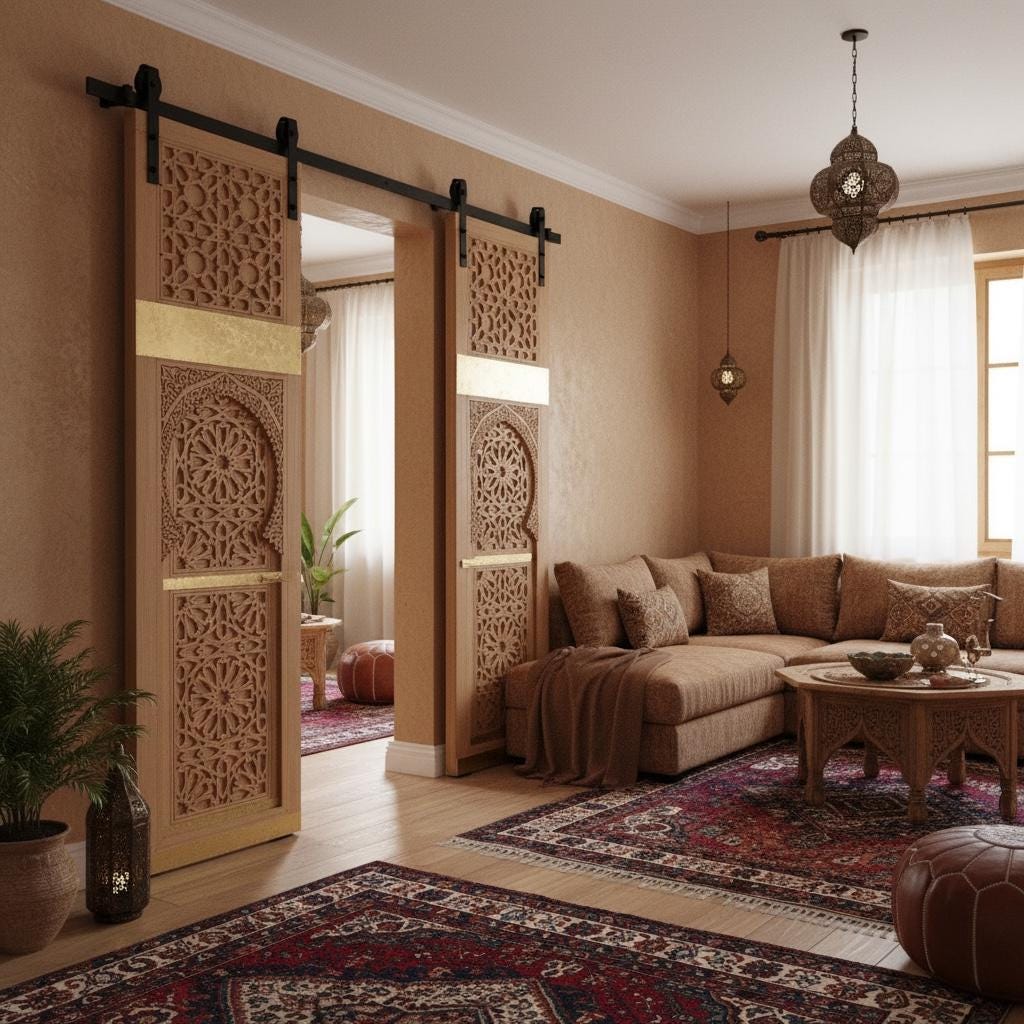 Handmade Moroccan Carved Cedar Double Door, Moorish Artwork (116x64.5)