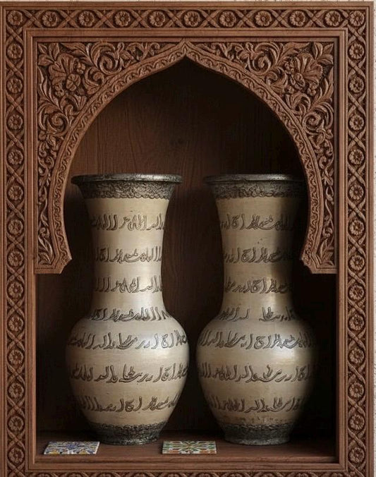 Vintage Moroccan Pottery Vases, Handmade Arabic Calligraphy, Home Decor (33" x 15")