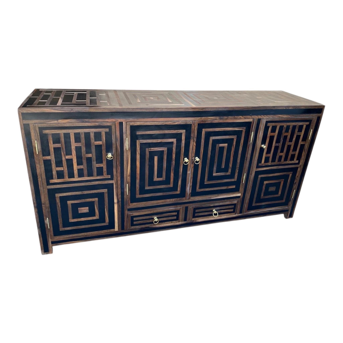 Mid-century French regency Credenza: Wood Resin Inlay, Unique cabinet