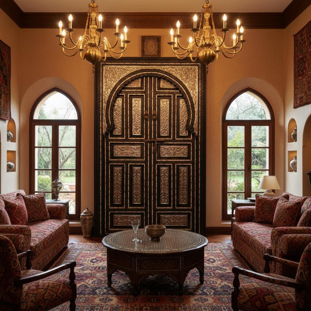 Vintage Middle Eastern Door: Camel Bone & Silver Inlaid Cedar, Palace Style