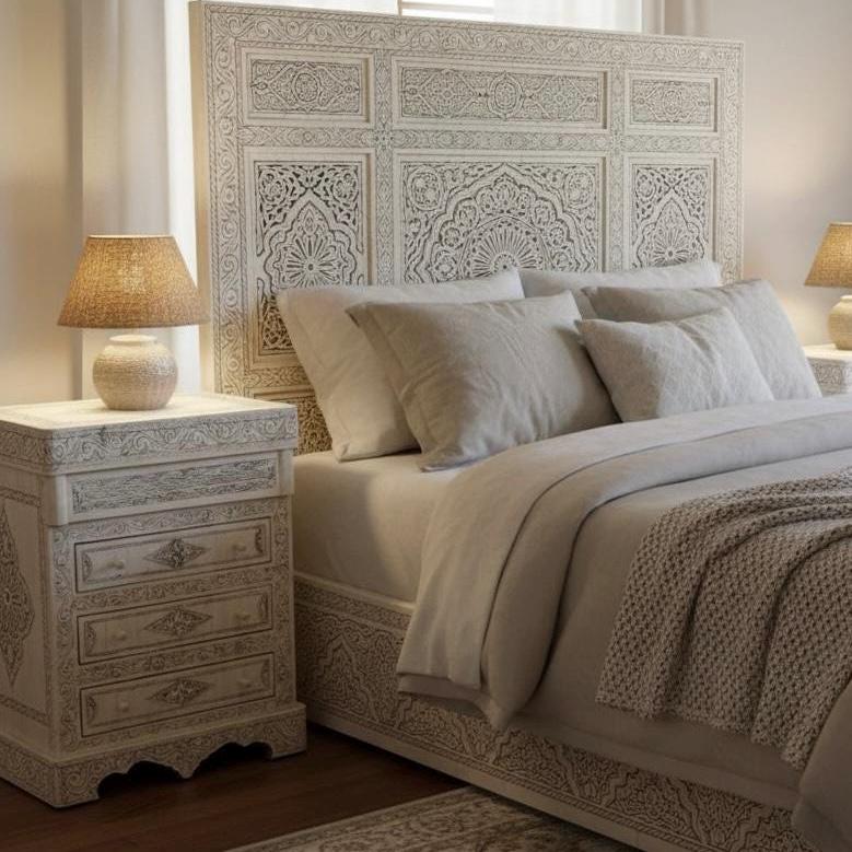 Two Vintage Bone Inlay Nightstand: Moroccan Dresser Cabinet
