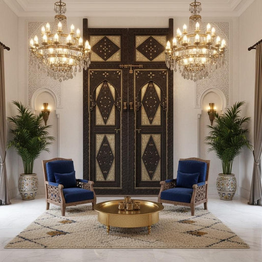 Vintage Moorish Palace Double Door: Camel Bone & Silver Inlaid