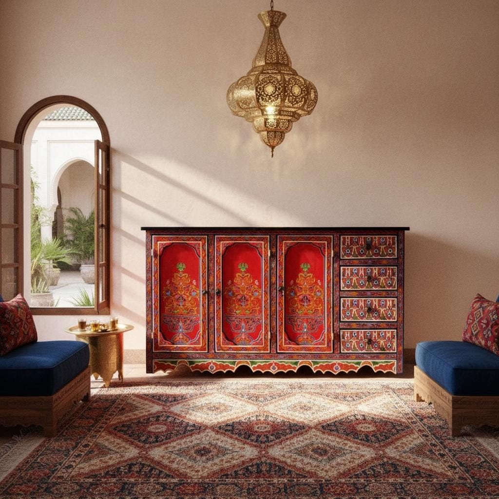 Handmade Red Moroccan Cabinet, Moorish Dresser with Drawers