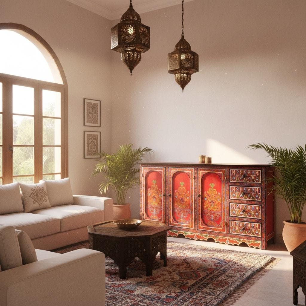 Handmade Red Moroccan Cabinet, Moorish Dresser with Drawers