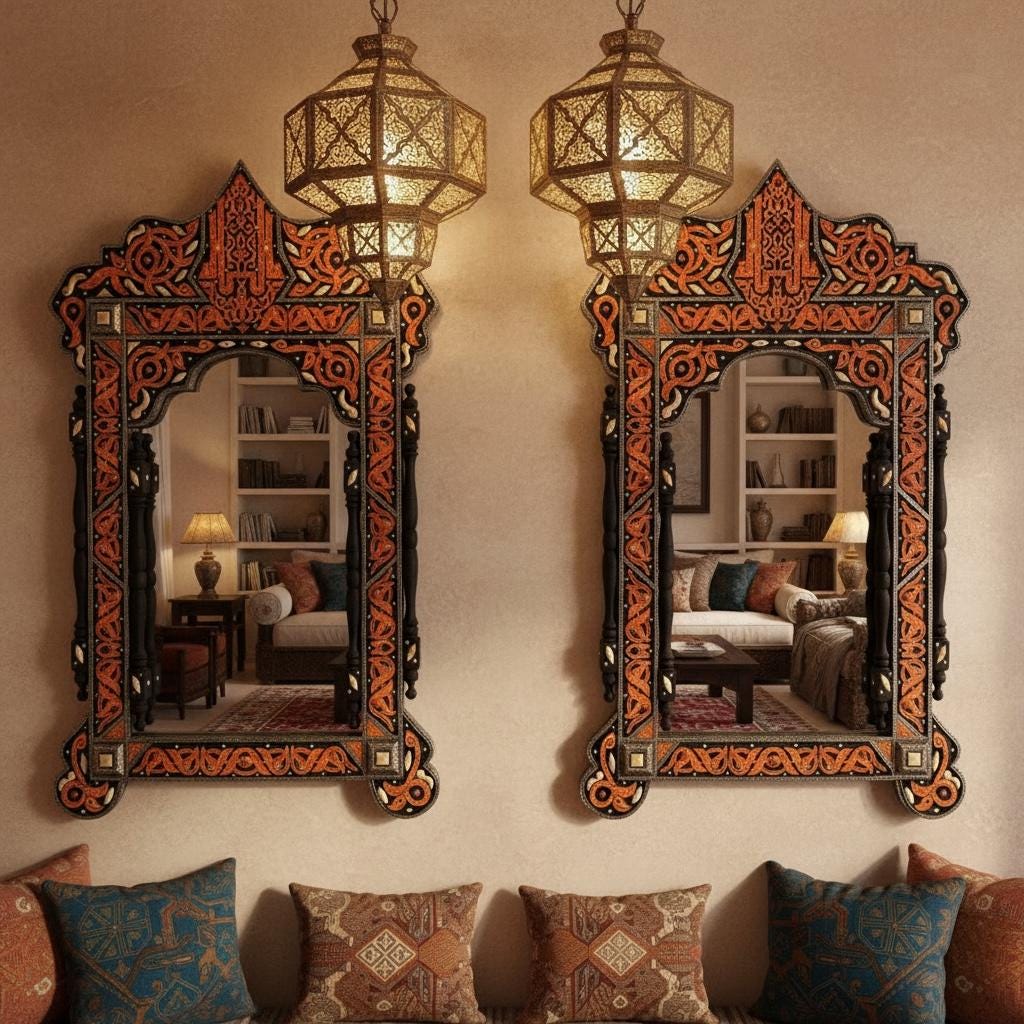 Handmade Moroccan Bone Inlay Mirror, Moorish Design (39” x 21”)