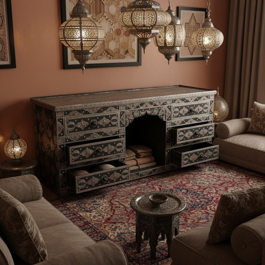 Handmade Moroccan Silver Metal Cabinet, Wood Buffet with Drawers