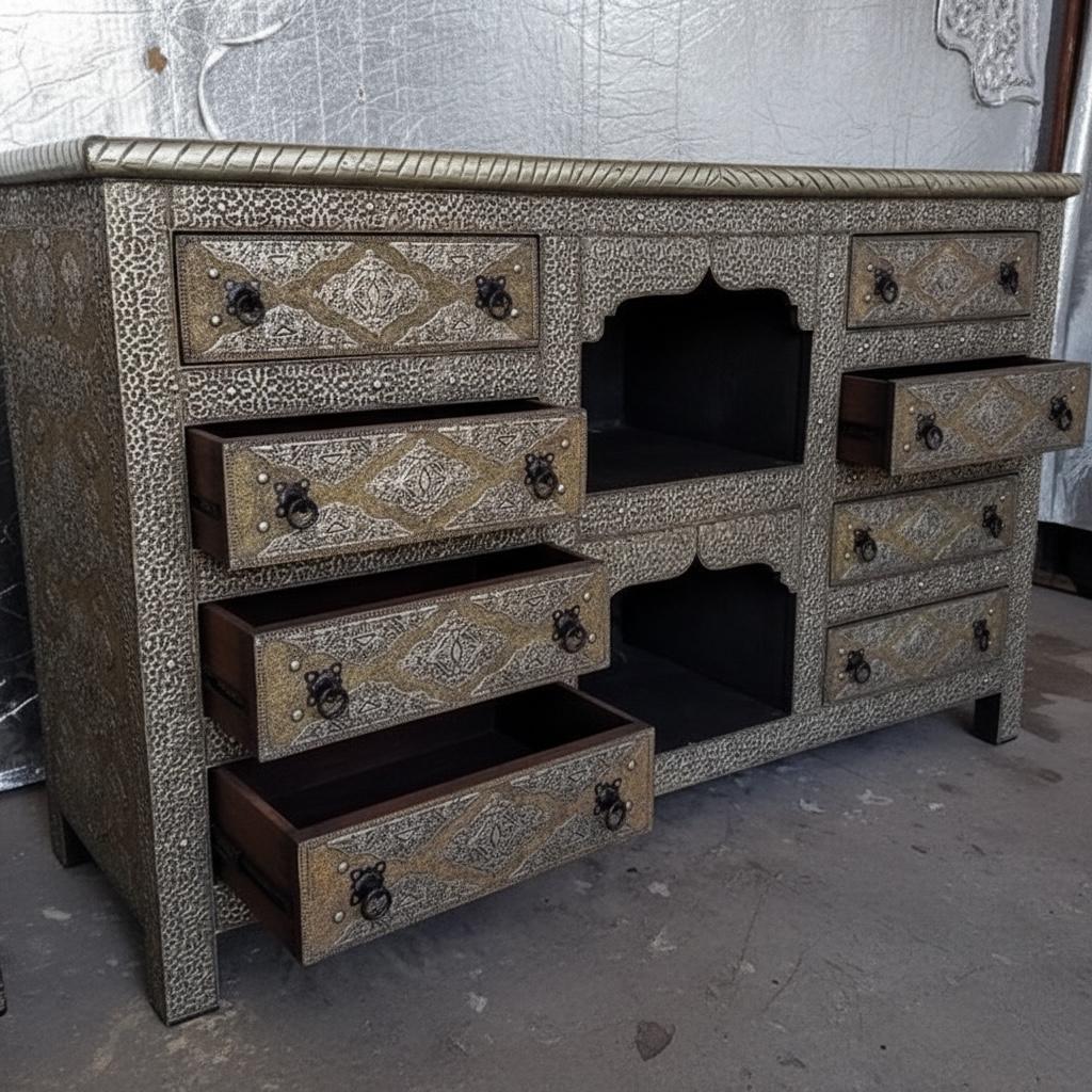 Handmade Moroccan Silver Metal Cabinet, 8 Drawer Rustic Buffet