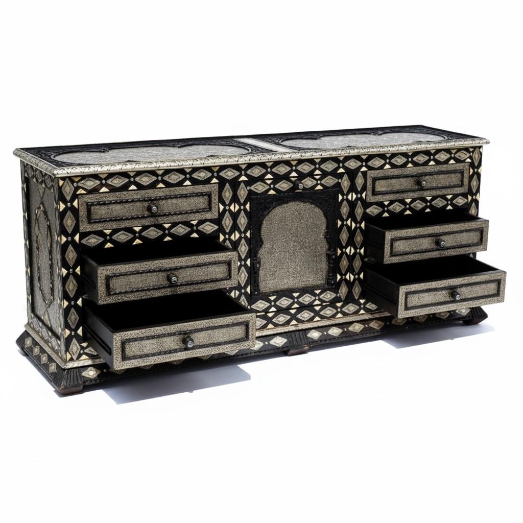 Handmade Moroccan Silver Metal Cabinet: Bone Inlay Buffet Furniture